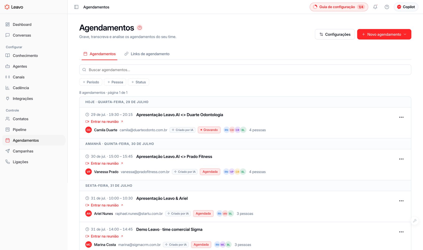 Tela de Agendamentos da Leavo